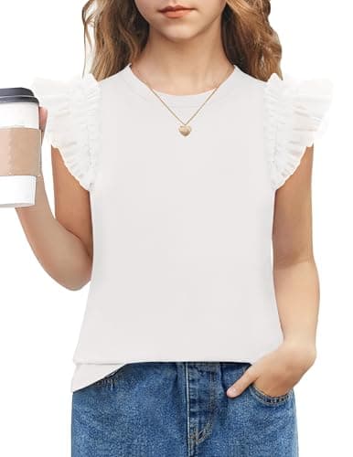 Arshiner White T Shirts for Kids Fashion Summer Tops Mesh Ruffle Flying Short Sleeve Casual Girls Tops Plain Tee 5-6 Years