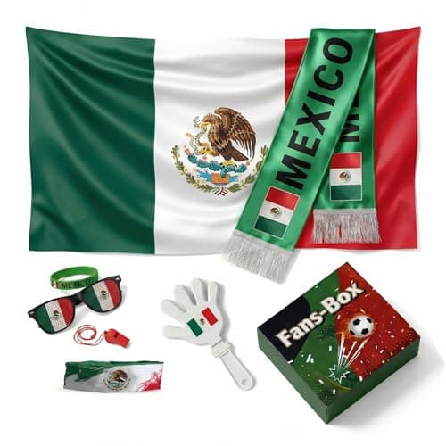 Soccer Fan Gear Set 2026-7 Piece Game Day Kit with Flag, Scarf, Glasses, Whistle, Clapper, Wristband & Headband in Gift Box - Watch Party & Stadium Essentials for Mexico