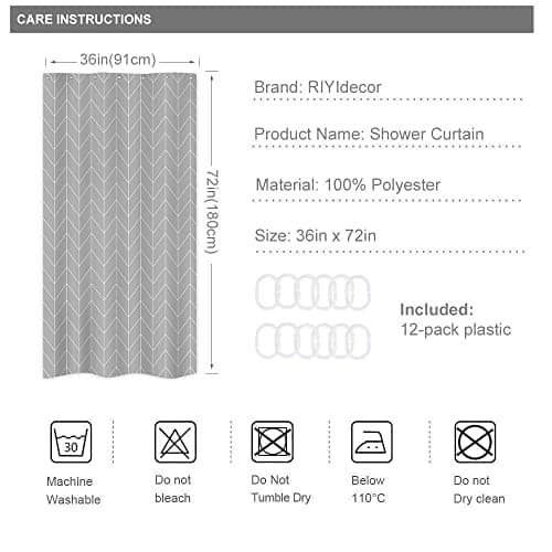 Riyidecor Small Stall RV Gray Grey Shower Curtain Liner for Bathroom Narrow Dorm Half Size Stand Up 36x72 Inches Wide Single Chevron Herringbone Geometric Tiny Walkin Fabric Polyester Bathroom — view 5