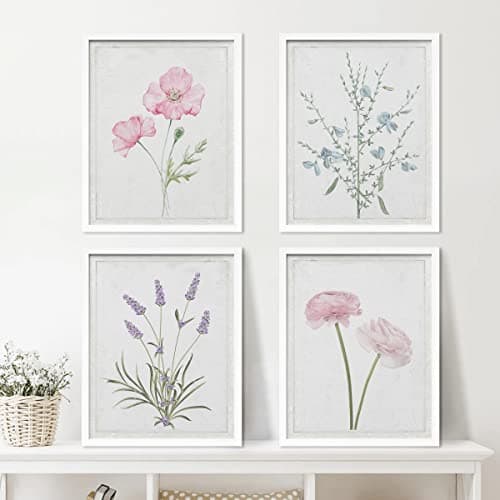 SIGNWIN Framed Lavender Rose Daisy Cornflower Wall Art, Set of 4 Nature Wilderness Wall Decor Prints, Botanical Floral Wall Décor for Living Room, Bedroom - 8"x10"White
