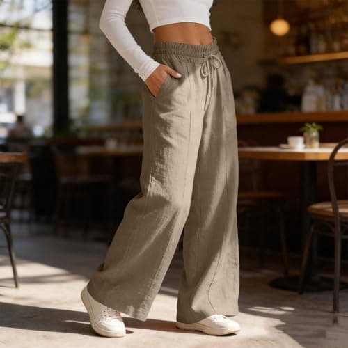 Rseomihvy Women's Cotton Linen Pants Summer Straight Wide Leg Trousers Drawstring Elastic Waist Loose Beach Vacation Outfits Khaki — view 2