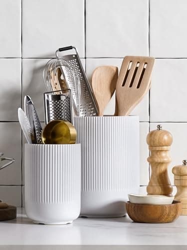 LE TAUCI Utensil Holder for Kitchen Counter, 7.3"+5.4" Fluted Ceramic Utensil Crock Organizer for Countertop, Heavy Large Holder for Spatulas, Spoons, Set of 2, White, Kitchen Counter Decor — view 2