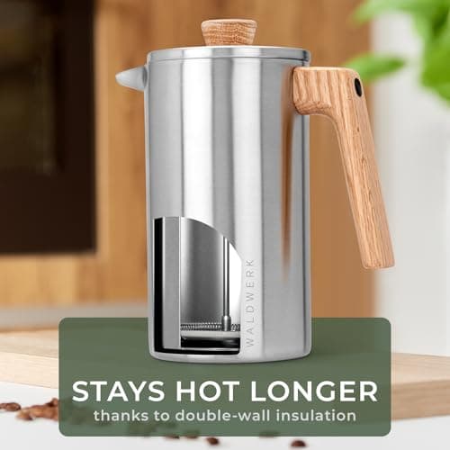 WALDWERK French Press (34 oz) - Non-Toxic Stainless Steel Double Wall French Press Coffee Maker - Plastic Free Coffee Press with Oak Wood Handle - No Plastic — view 3