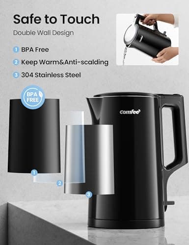 COMFEE' 1.7L Double Wall Electric Tea Kettle and Kettle Water Boiler, 100% Stainless Steel Interior & Lid & Spout, Two-Level Wide Open Lid, 1500W Fast Boiling, Auto-Off and Boil-Dry Protection — view 2