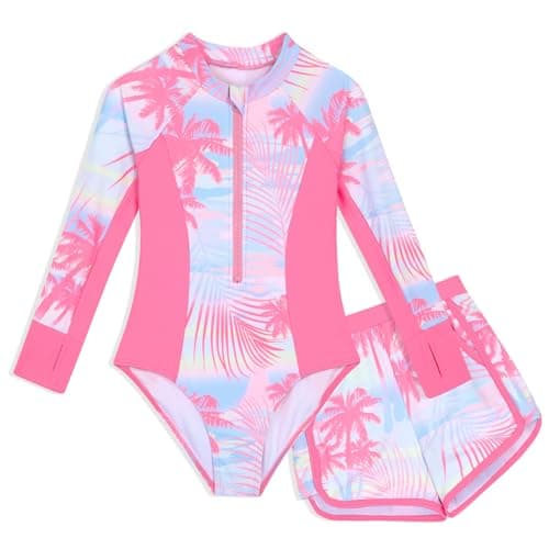 HOZIY Rash Guard for Teen Girls Modest Long Sleeve Tween Size 10-12 Two Piece Swimsuit Bathing Suits with Pocket Swim Shorts Kdis Rashguard Swimwear
