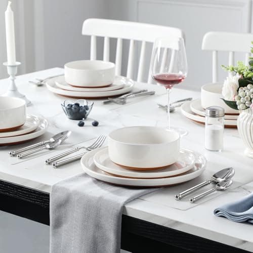 MALACASA Plates and Bowls Sets, 12 Pieces Modern Stoneware Dinnerware Set for 4 Kitchen Dinner Set Ceramic Dishware Dishes Set Microwave and Dishwasher Safe, White, Series TARA — view 4