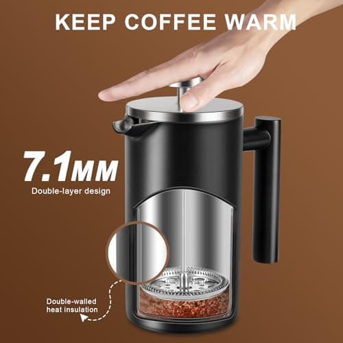SZHETEFU 34 OZ Large French Press, Premium Stainless Steel Sturdy Insulated French Press Coffee Maker, 4-8 Cups French Coffee Press, Tea Presses for Home Kitchen Caming Loose Tea, Elegant Black — view 6