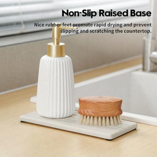Diatomaceous Earth Sink Organizer Tray Set, 3-Pack Fast Drying Water Absorbing Stone Soap Holder Caddy for Kitchen & Bathroom Counter, Faucet Splash Guard, Beige (1pc of 8"x3.8" + 2pcs of 3.8"x3.8") — view 4
