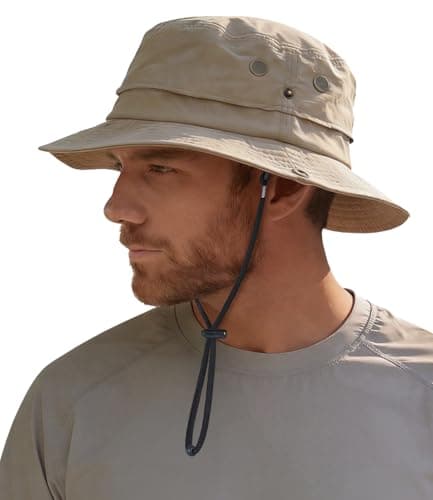 Hat Hut Mens Waterproof Bucket Rain Hat, UPF50+ Sun Hat, Wide Brim, Packable, All-Weather Outdoor Hiking Fishing Hats (CA/US, Alpha, One Size, Khaki)