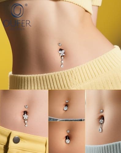 OUFER 5PCS Silver Belly Button Rings Dangle– 14G Surgical Steel Belly Button Piercing, Hypoallergenic Belly Rings with CZ Butterfly Flower Teardrop Barbell for Beach Festival Gym — view 5