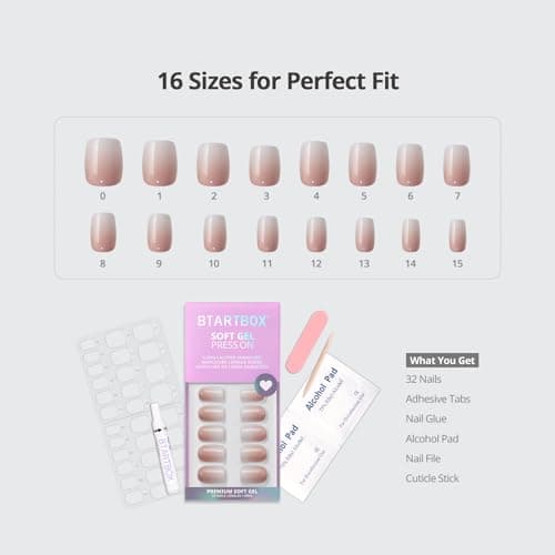 BTArtbox Square Ombre Press On Nails -Soft Gel Press On Nails Short with Nail Glue, 16 Sizes - 32 Reusable Fake Nails Kit, Vanilla Cream — view 5
