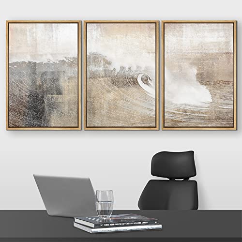 wall26 Framed Canvas Print Wall Art Set Gray & Tan Color Block Ocean Wave Overlay Nature Wilderness Digital Art Modern Art Rustic Scenic for Living Room, Bedroom, Office - 24"x36"x3 Natural
