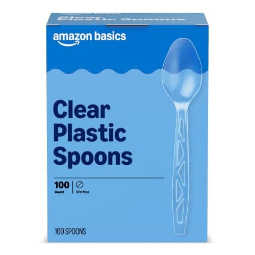 Amazon Basics Disposable Clear Plastic Spoons, Premium Quality, 100 Count, Large Pack, Packaging May Vary