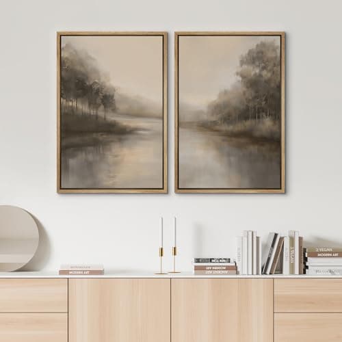 SIGNWIN Framed Canvas Print Wall Art Set Calm Misty Riverside Forest Landscape Illustration Modern Art Minimalism Decorative for Living Room, Bedroom, Office - 16"x24"x2 Natural — view 2