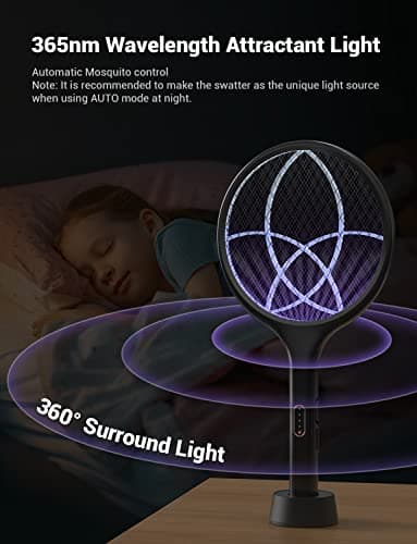 YISSVIC Bug Zapper Racket 4000 Volt Electric Fly Swatter Fly Zapper Indoor Outdoor Dual Modes with Attractant Light Rechargeable Black