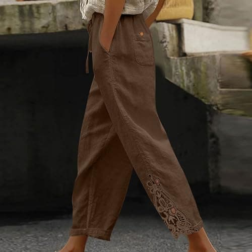 TXGMNA Womens Summer Linen Capri Pants 2026 Fashion Lace Embroidery Splicing Lightweight Boho Beach Capris with Pocket Coffee