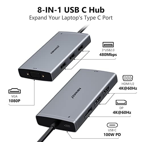 ABIWAZY USB C Hub Triple Monitor Adapters 8 in 1 USB C Docking Station with Dual HDMI Displayport VGA, USB C 100w PD,3 USB2.0 Multiport Dongle for Dell XPS 17/15/13,Lenovo Thinkpad,HP Envy,MacBook — view 5