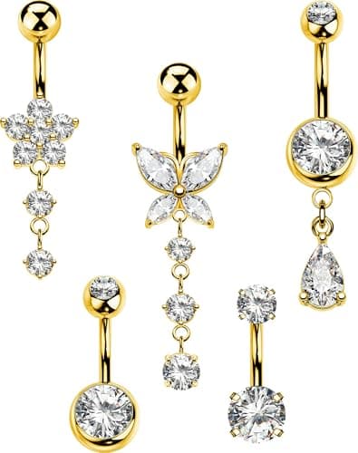 OUFER Gold Belly Button Ring – 5PCS Surgical Steel Belly Rings for Women, 14G Dangle Navel Piercing Jewelry Piercing Nombril with CZ Butterfly Flower Teardrop Barbell for Beach Festival