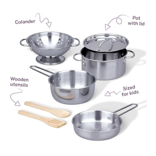 Melissa & Doug Stainless Steel Pots & Pans, 8 Piece Play Kitchen Set, Premium Play Kitchen Accessories & Cooking Utensils, Preschool Toys for Kids 3+ — view 7