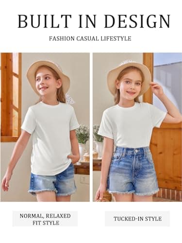 Girls Short Sleeve T Shirts Kids Summer Tops Crewneck Tees 5-14 Years White