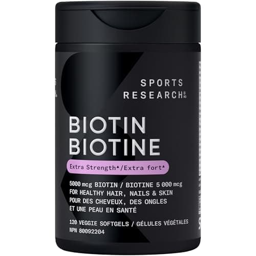 Sports Research® Extra Strength Vegan Biotin 5,000mcg with Organic Coconut Oil - Helps to Maintain Healthy Hair, Nails and Skin - Great for Women & Men - 120 Veggie Softgels