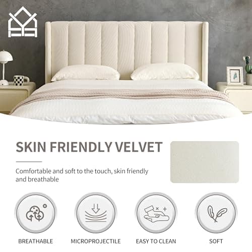 YUHUASHI upholstered Platform Bed Frame/Twin Bed Frame/Modern Geometric Double-Wing Design headboard/Velvet Fabric/Easy to Assemble no Noise(Cream, Twin) — view 4