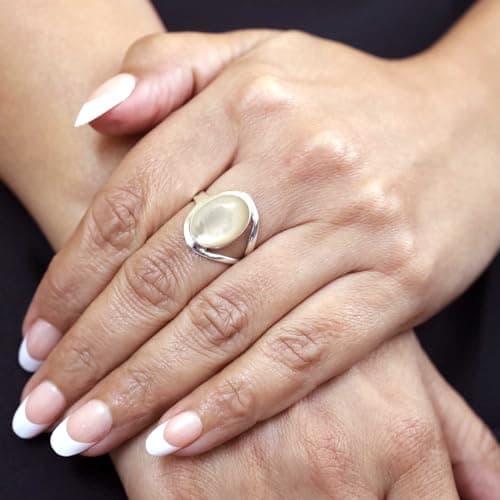 JEWELOPORIUM White Mother Of Pearl Silver Ring Size 8, 925 Sterling Silver Ring for Women, Genuine Oval Stone Handmade Jewelry — view 2