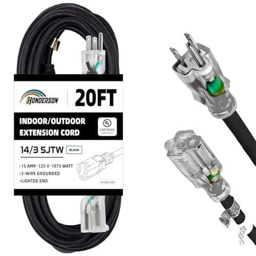 HONDERSON Indoor Outdoor Extension Cord Weatherproof with Lighted End, UL Listed, 14 Gauge 20FT Black 3 Prong Heavy Duty Extension Cord, 14/3 SJTW 15A Power Extension Cord for Outdoor Lights, Lawn