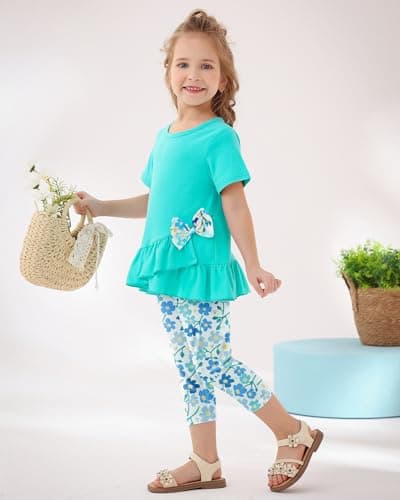 SOLOYEE Toddler Girl Clothes 2-7T Girls Outfit, Short Sleeve Ruffle Bowknot Top + Floral Capri Pants 2Pcs Spring Summer Set — view 2