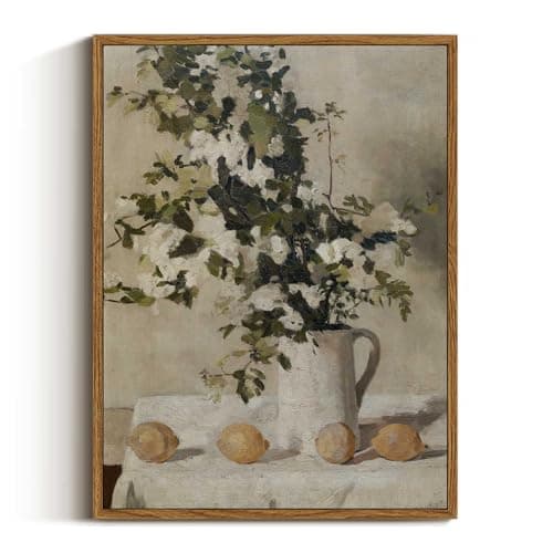 VIYYIEA Floral Framed Wall Art, Flowers and Lemons Vintage Art Decor Room Aesthetic, 12x16 Inch Canvas Print Art, Farmhouse Still Life Painting Wall Decor for Bedroom Bathroom Office