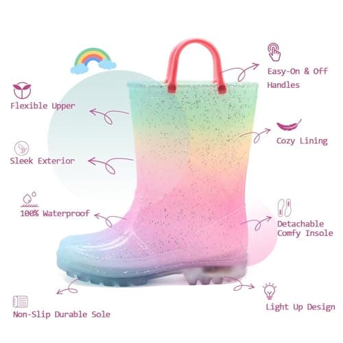 EUXTERPA Kids Toddler Light Up Rain Boots Girls Waterproof Patterns and Glitter Boots with Easy On Handles, Pink Gradient, Toddler Size 7 — view 2