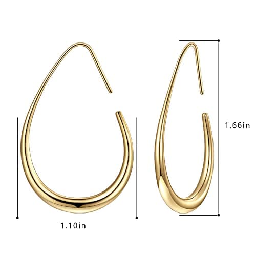 Lightweight Teardrop Hoop Earrings for Women - 14k Gold/White Gold Plated Large Oval Pull Through Hoop Earrings High Polished Statement Jewelry Gift for Women(gold 30 * 18)