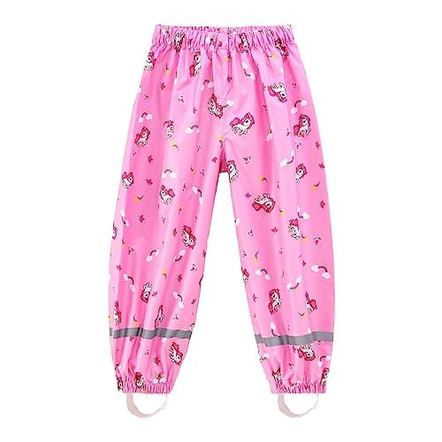 Fewlby Toddler Rain Pants Kids' Waterproof Rain Pants Lightweight Reflective Rain Wear for Boys Girls Pink