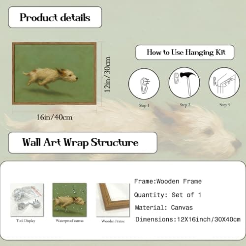 Funny Dog with Zoomies Wall Art Cute Terrier Dog Running Wall Decor Picture Vintage Animal Poster Canvas Painting Print Cute Pet Artwork for Living Room Bedroom 12x16 inch Wood Framed — view 3