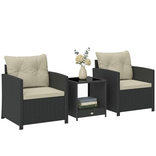 Outsunny 3 Piece Wicker Patio Furniture Set, PE Rattan Outdoor Bistro Set with Armchairs, 2-Tier Glass-Top Table, Cushions, Outdoor Conversation Furniture for Porch Balcony, Beige