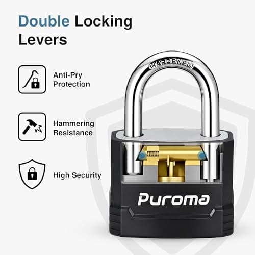 Puroma Lock Heavy Duty Keyed Padlock with 3 Keys Alike, 1-2/3 Inch Outdoor Anti-Cut Shackle Locker Lock for Gates, Fences, Sheds, Gym Lockers, Hasp Cabinets, Toolboxes (Black, 2 Pack)
