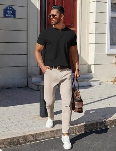 COOFANDY Mens Summer Shirts Henley Cotton Mens T Shirts Casual Undershirt Base Layer Short Sleeve Black — view 4