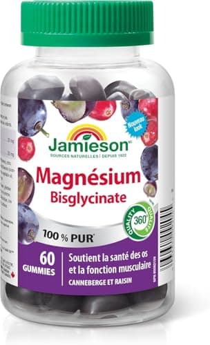 Jamieson 100% Pure Magnesium Bisglycinate 20 mg Gummies Cranberry Grape Flavour, Not Blended, Magnesium Oxide Free, Supports Bone Development and Muscle Function, Source of Electrolytes, No Artificial Colours, Flavours, or Preservatives, 60 Count