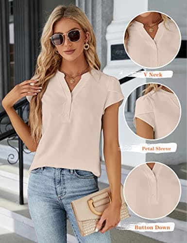 Blooming Jelly Women's Dressy Casual Tops Business Work Blouses Button Down Shirts Short Sleeve V Neck 2026 Summer Outfits (Apricot,X-Small) — view 6