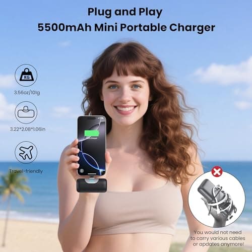 HETP Mini Portable Charger USB C Power Bank,5500mAh PD Fast Charging Battery Pack Built-in USB-C Connector Travel Essential for iPhone17/17Pro/17Pro Max/Air/16 Plus/16Pro Max/15 Series,Android Black
