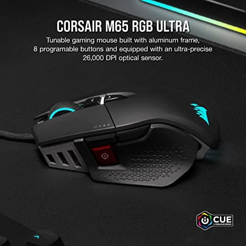 Corsair M65 RGB Ultra Tunable FPS Gaming Mouse - CORSAIR Marksman 26,000 DPI Optical Sensor, Optical Switches, AXON Hyper-Processing Technology, Sensor Fusion Control, Tunable Weight System - Black