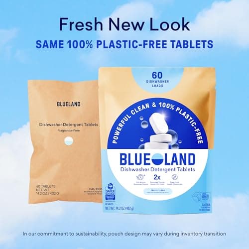 BLUELAND 100% Plastic-Free Dishwasher Detergent Tablets, 60 Count, Free & Clear, Eco-Friendly Dishwashing Pods, Cuts Grease & Stuck on Food, Rinses Clean for Streak-Free Shine — view 9