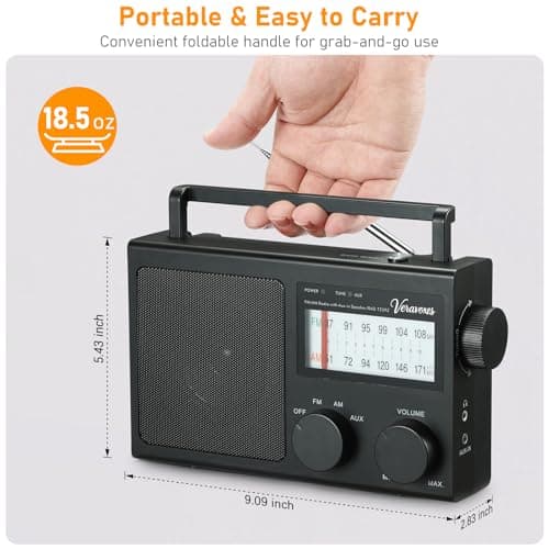VERAVOXES Portable AM/FM Radio with Bass Control, Equipped with a Built-in high-Power Speaker, Headphone Jack, and AUX Audio Input, Battery or AC Power Operation (Black) — view 2