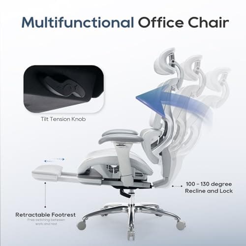 COLAMY Ergonomic Mesh Office Chair with Footrest, Executive High Back Computer Desk Chair with Wide Headrest and Adjustable 3D Arms, Backrest Height, Tilt Lock and Lumbar Support, Grey — view 3