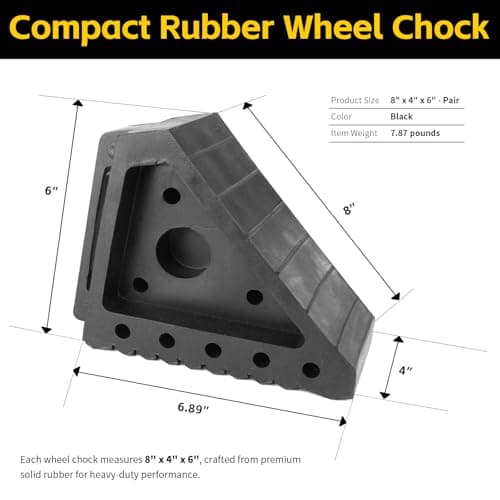 MaxxHaul Solid Rubber Wheel Chock 2-Pack | 8" x 4" x 6" Heavy-Duty Tire Stop | Non-Slip Traction Pads | Built-in Handle | All-Weather Vehicle Safety Block | Black | (70472)