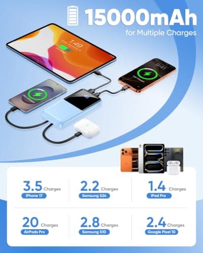 Portable Charger Power Bank - Slim 15000mAh 50% Larger Capacity Battery Pack, USB C 22.5W Fast Charging Powerbank with Built-in Cable, Travel Essential Phone Charger for iPhone Android, Glacier blue — view 3