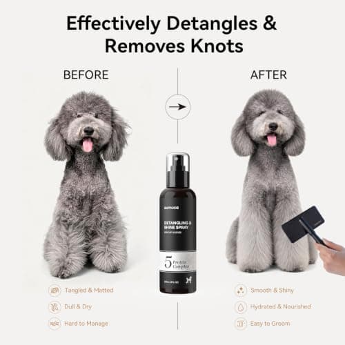 aumuca Dog Detangling & Shine Spray – Leave-in Conditioner & Dematting Spray for Doodles, Cats & Horses Without Buildup | 5-Protein Complex for Deep Repair & Enhanced Shine | 8 Fl Oz (Meadowfoam)