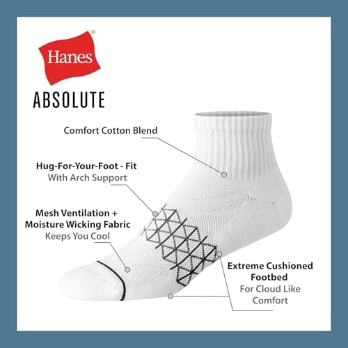 Hanes Men's Ankle Socks Pack, 4-Pair Pack, Absolute Active Cushioned Moisture-Wicking Seamless Toe Pack