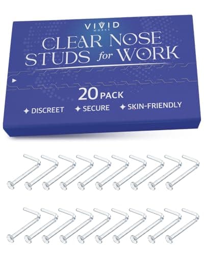 Vivid Works Clear Nose Studs for Work 20 Pack 18 Gauge - Clear Nose Rings 1mm | Invisible Flat Stud Plastic Piercing Retainer Cover for Surgery - Piercing Jewelry for Women and Men