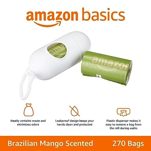 Amazon Basics Premium Leak Proof Dog Poop Bags with Dispenser and Leash Clip, Brazilian Mango Scented, 13" x 9", 270 Count (18 Rolls of 15), Easy-Tear